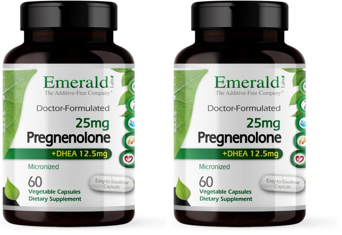 Emerald Labs Pregnenolone DHEA bottle front highlighting premium hormone support.
