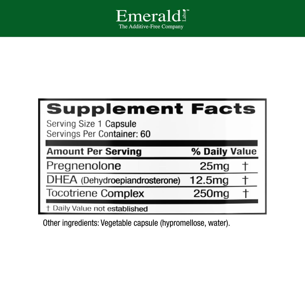 Emerald Labs capsule close-up under glass showcases premium brain-support ingredients.