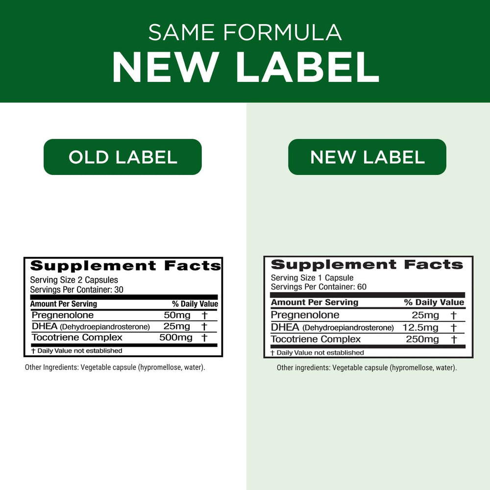 Emerald Labs dosage panel shows 50 mg pregnenolone and 25 mg DHEA.