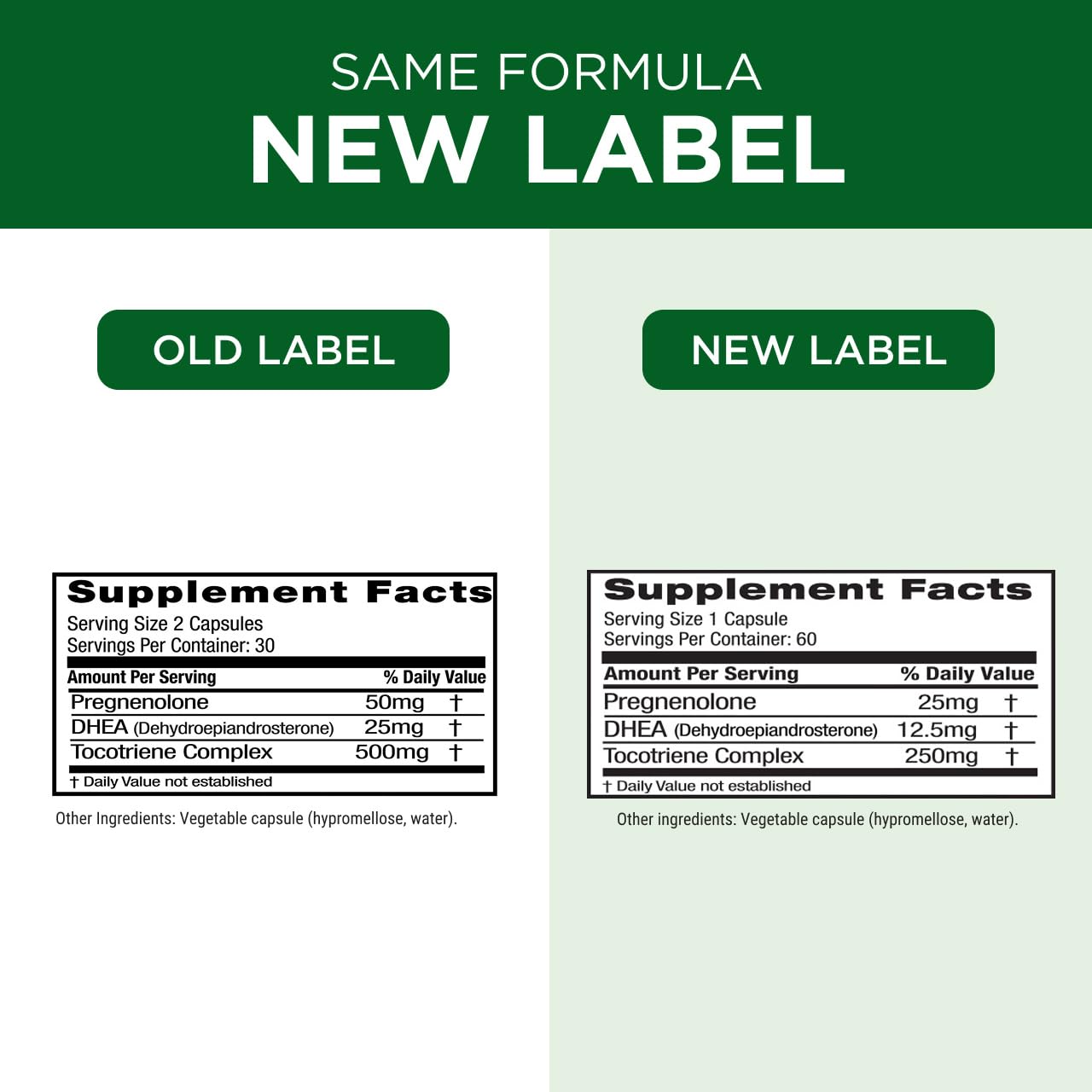 Serving size panel showing 60 capsules per bottle for daily use.
