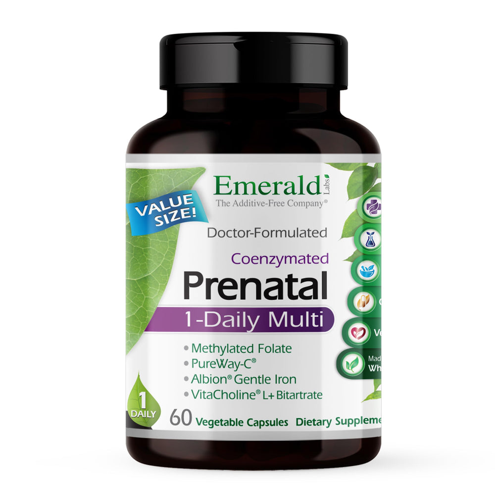Emerald Labs Prenatal 1-Daily Multi bottle shows comprehensive daily nutrition for moms.