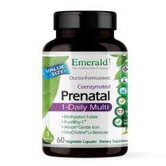 Emerald Labs Prenatal 1-Daily Multi bottle shows comprehensive daily nutrition for moms.