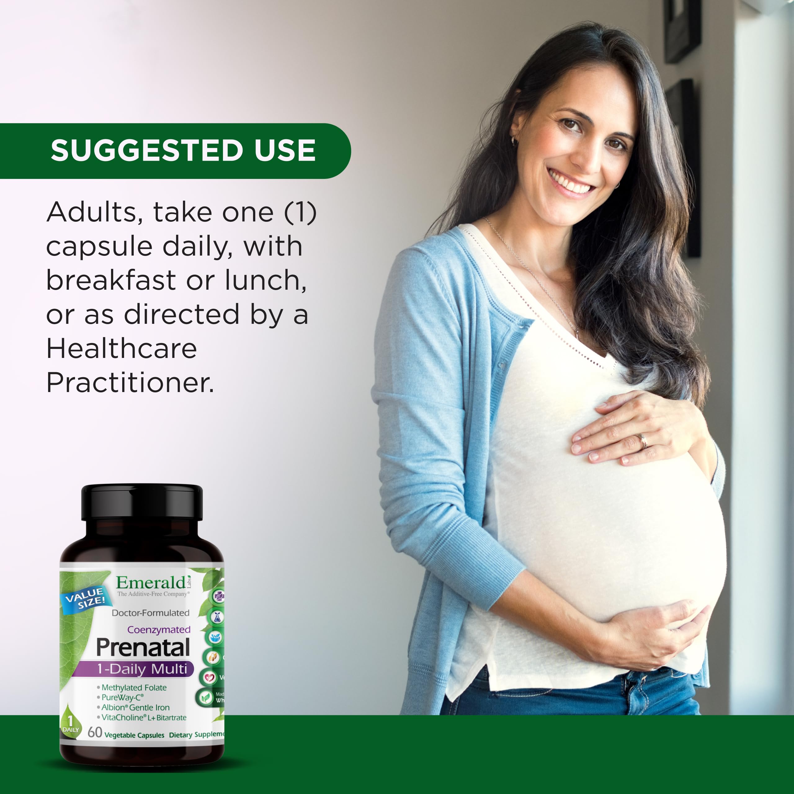 Emerald Labs Prenatal capsule on finger emphasizes easy daily intake.