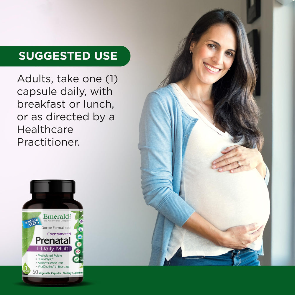 Emerald Labs Prenatal capsule on finger emphasizes easy daily intake.