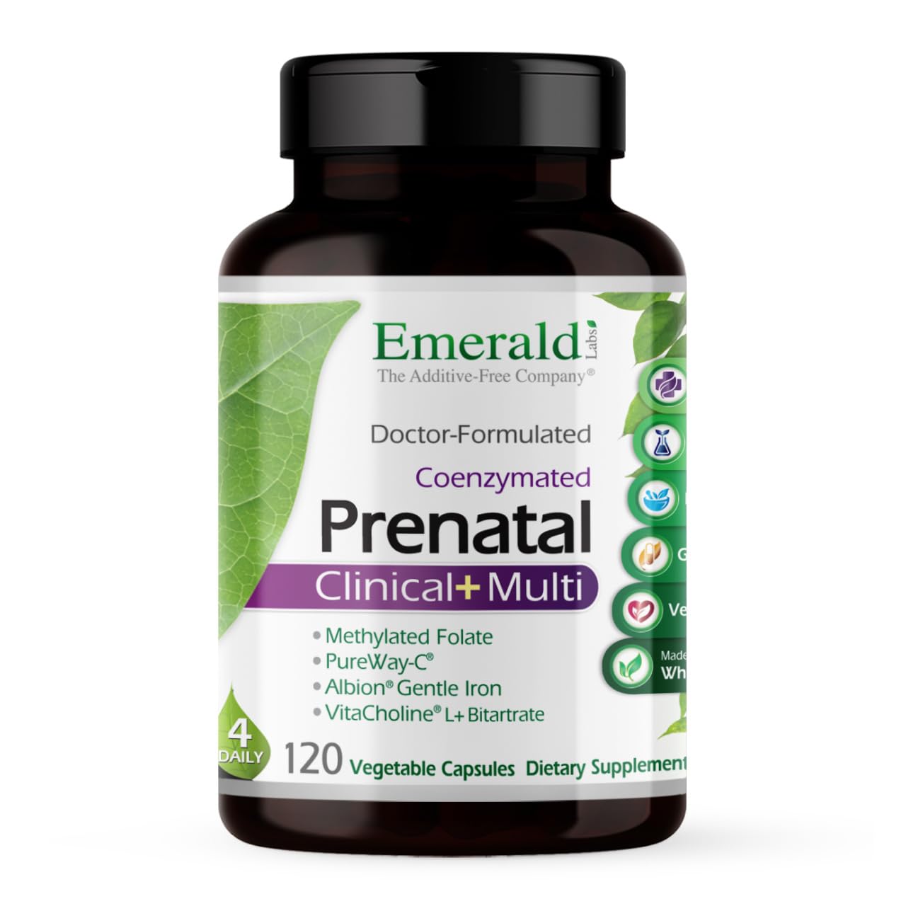 Emerald Labs Prenatal Multi bottle front shows essential nutrients for mom and baby