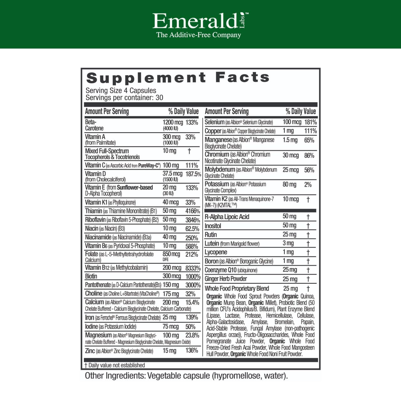 Closeup of Emerald Labs Prenatal Multi capsules highlighting plant-based capsules