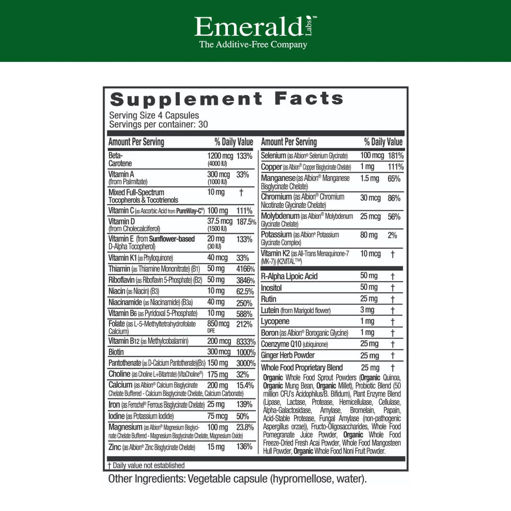 Closeup of Emerald Labs Prenatal Multi capsules highlighting plant-based capsules