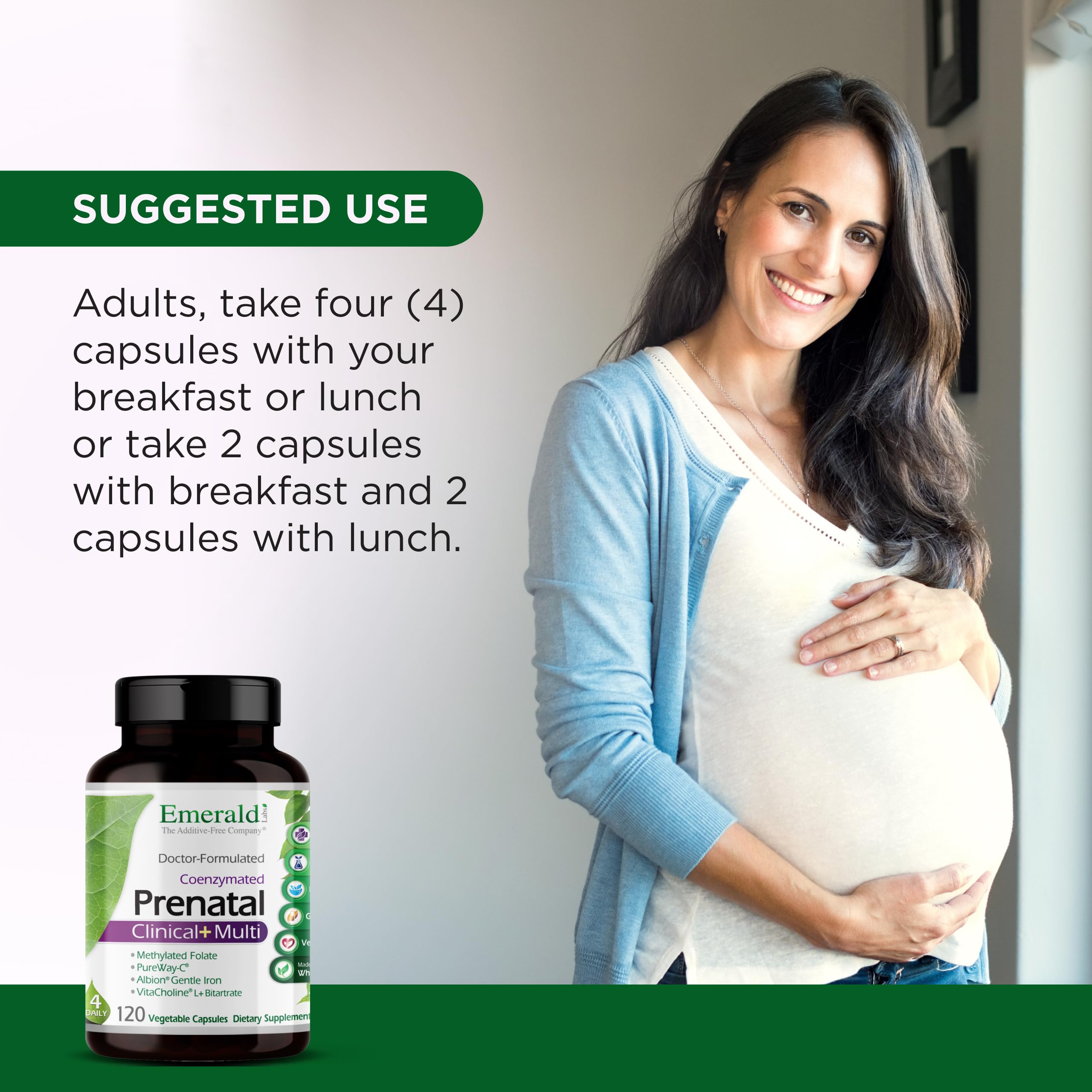 Pouring Emerald Labs Prenatal Multi capsules into a hand for routine use