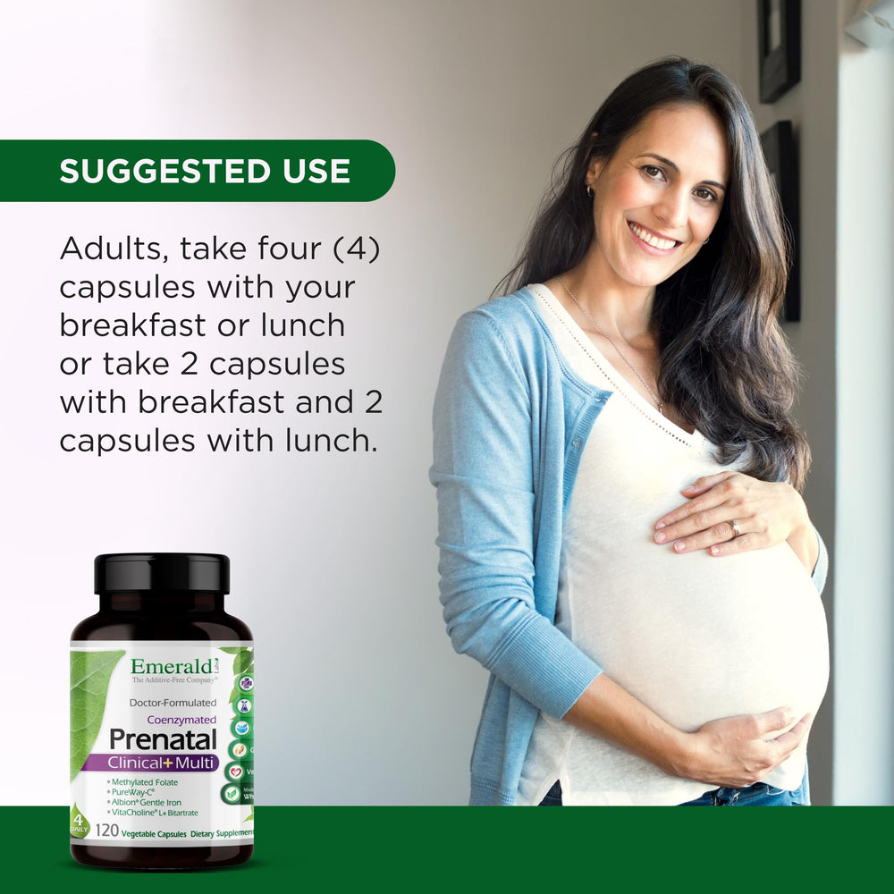 Pouring Emerald Labs Prenatal Multi capsules into a hand for routine use