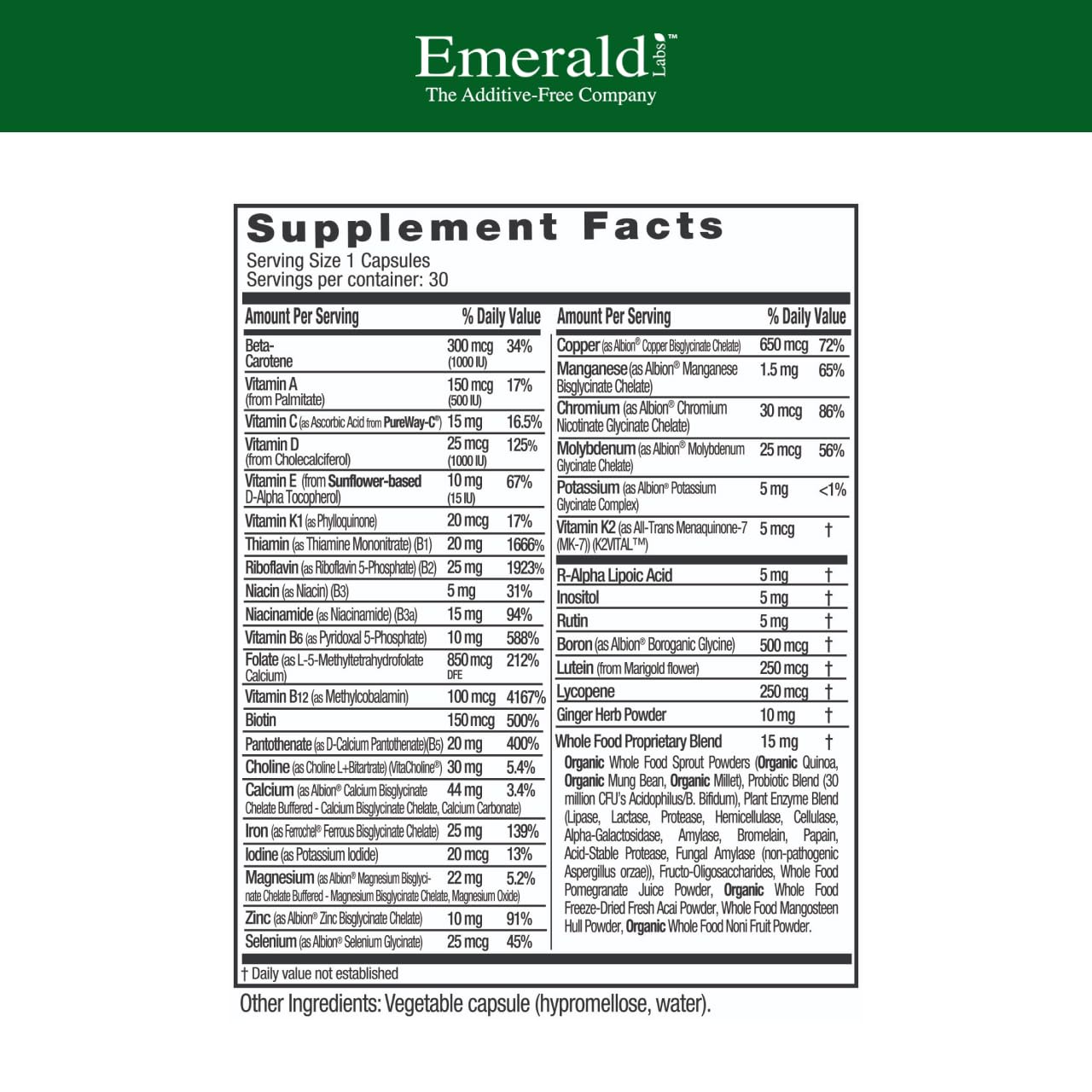 Emerald Labs Prenatal vegetable capsules inside bottle highlight clean daily nourishment