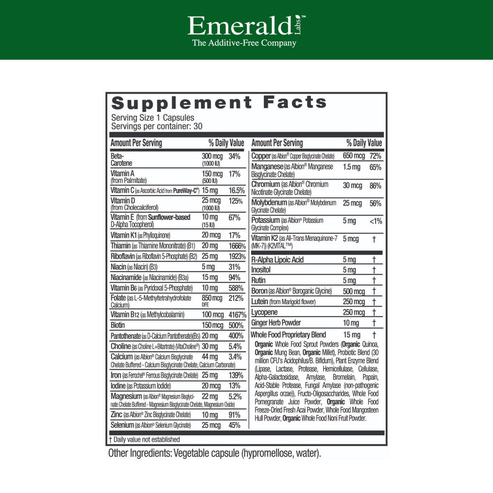 Emerald Labs Prenatal vegetable capsules inside bottle highlight clean daily nourishment