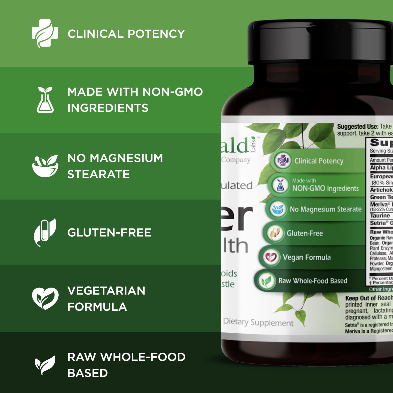 Close-up of Emerald Labs Liver Health vegan capsules, allergen-free formula.