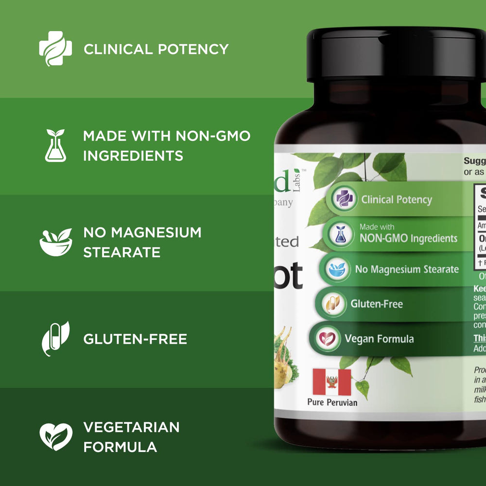 Emerald Labs vegan maca capsules highlight gluten-free formulation for gluten-sensitive users.