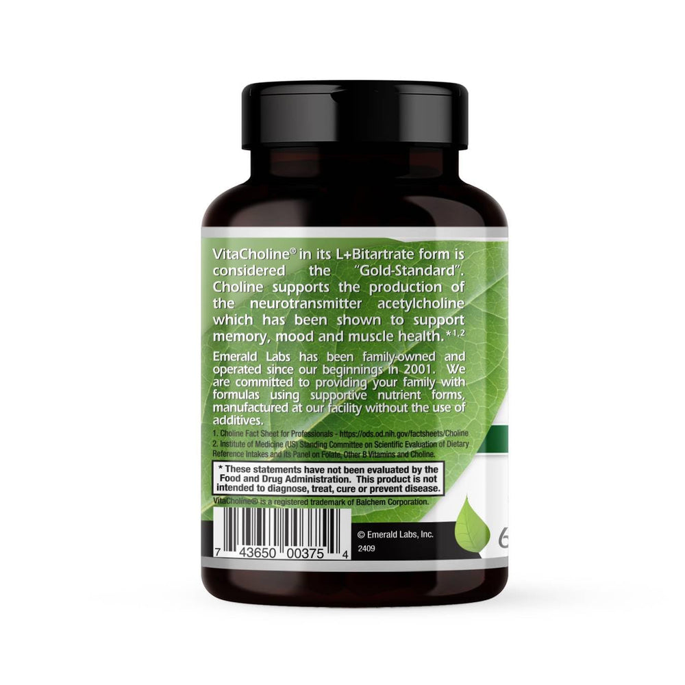 EMERALD LABS VitaCholine packaging showing non-GMO gluten-free form.