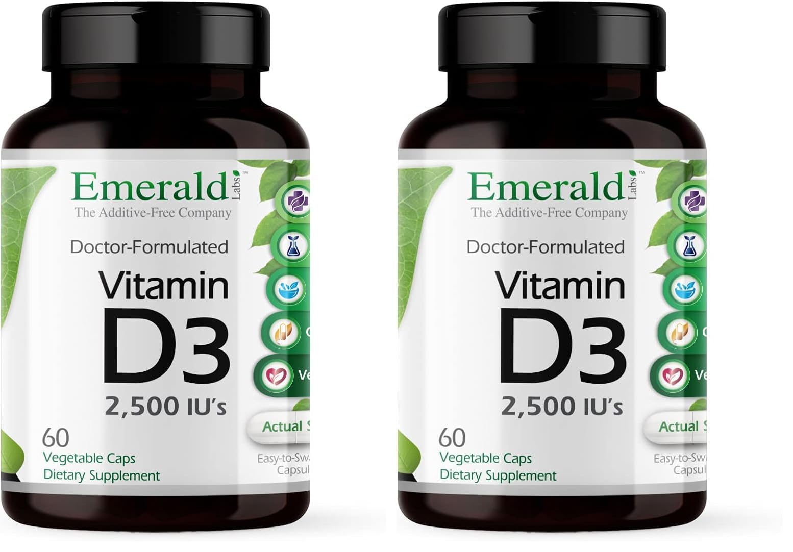 Emerald Labs Vitamin D3 2,500 IU bottle showing dosage for bone and immune support.