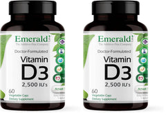 Emerald Labs Vitamin D3 2,500 IU bottle showing dosage for bone and immune support.