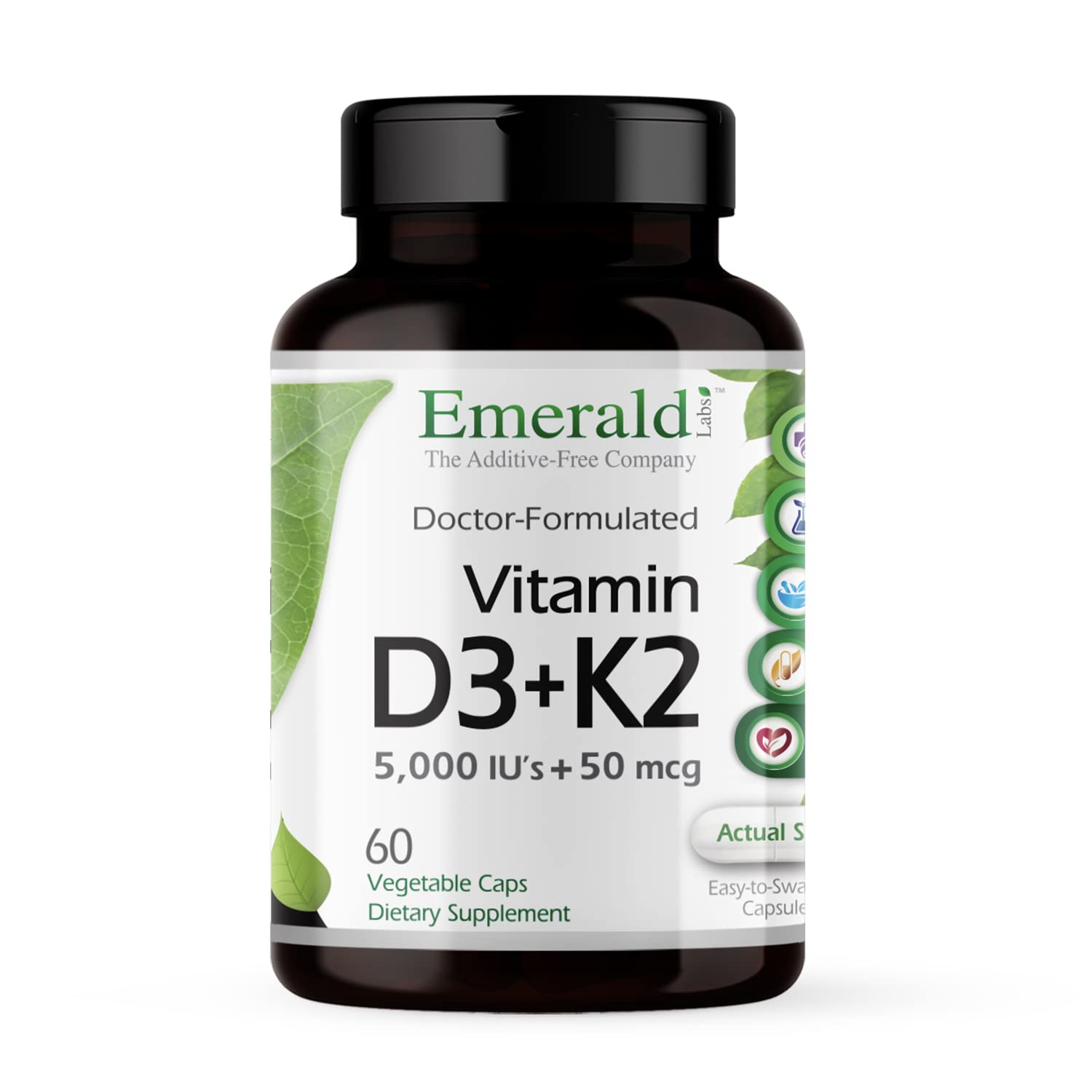 Emerald Labs Vitamin D3+K2 bottle with 60 vegetarian capsules for bone support.