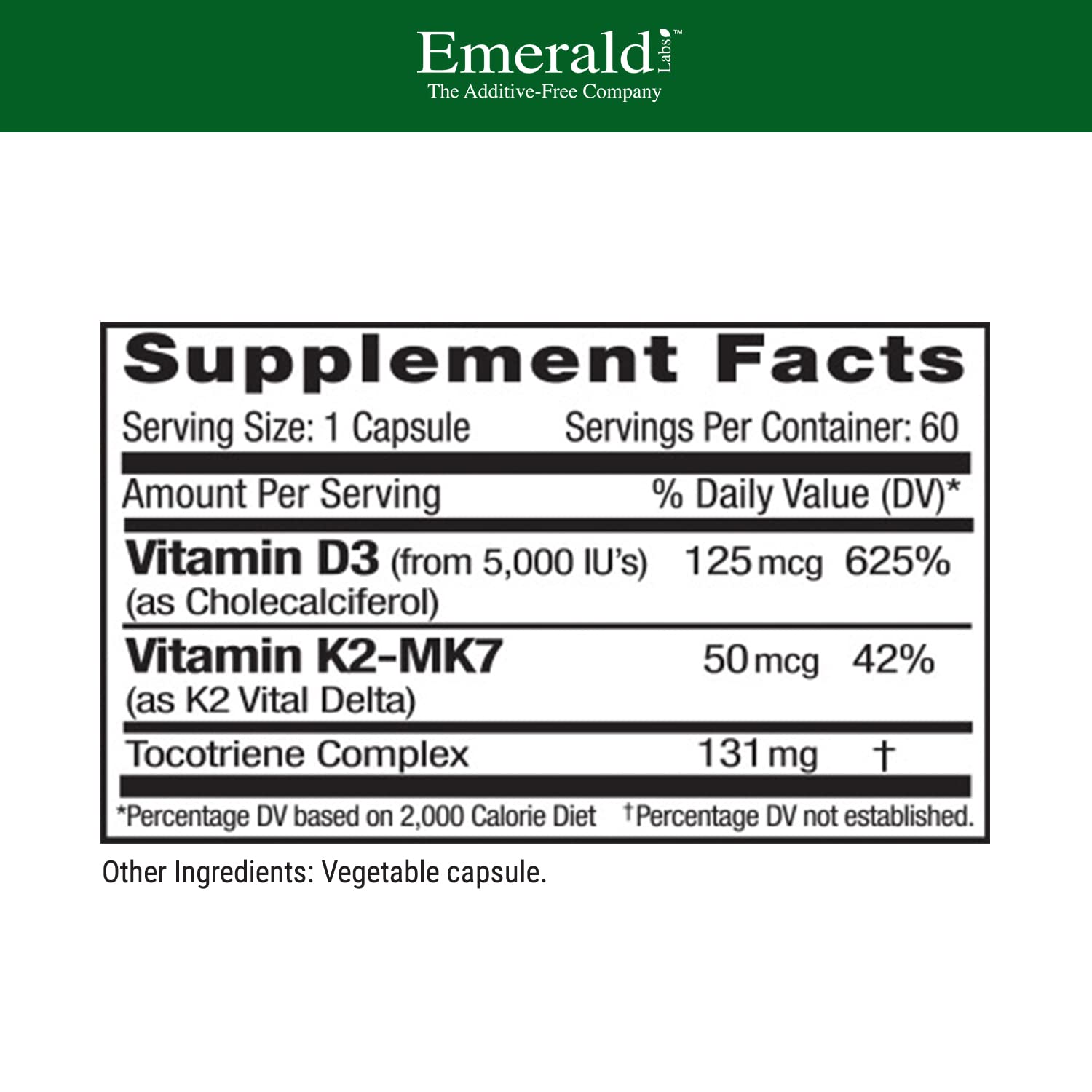 Closeup of Emerald Labs Vitamin D3+K2 capsules showing vegetarian formula