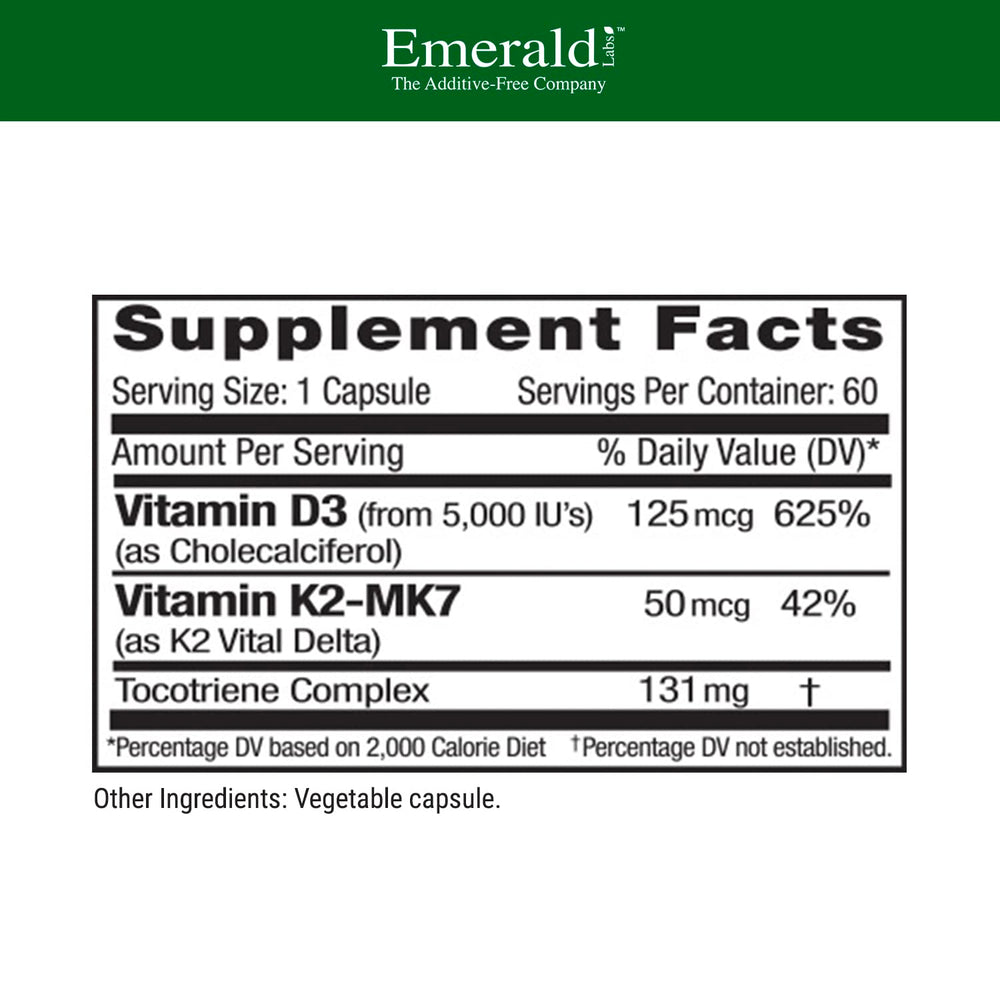 Closeup of Emerald Labs Vitamin D3+K2 capsules showing vegetarian formula