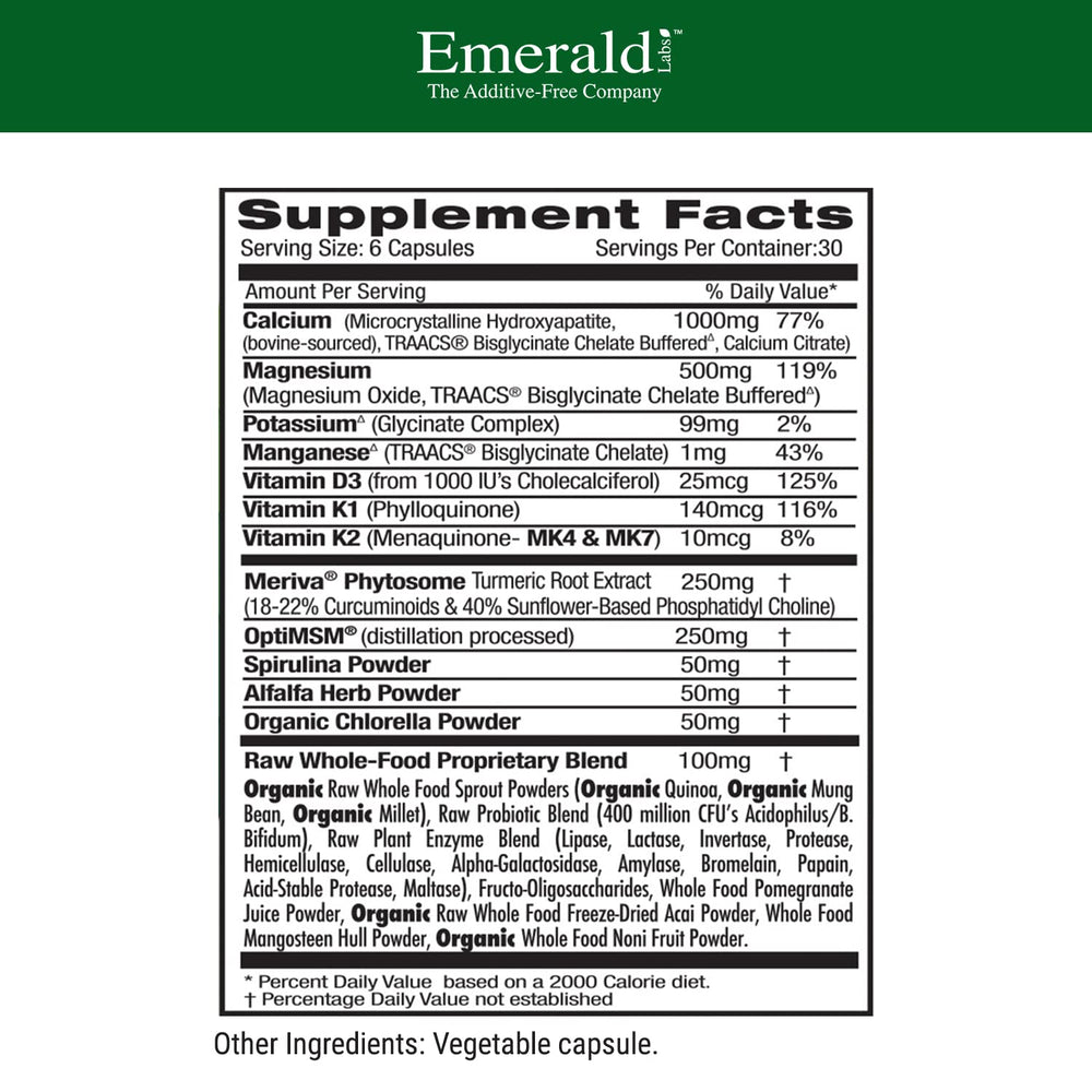 Emerald Labs Osteo Bone Health bottle shows D3 and K2 for immune and bone wellness