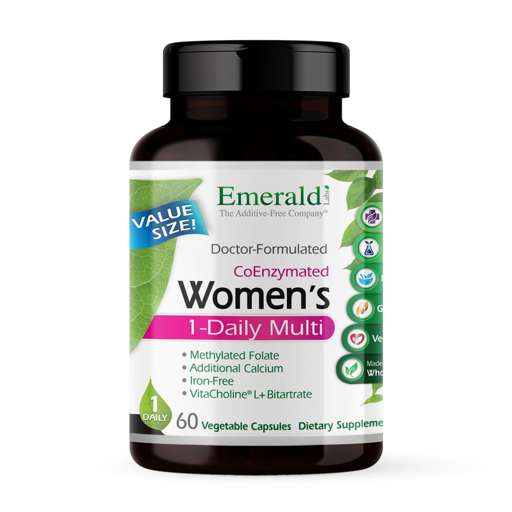 Emerald Labs Women's 1-Daily Multi bottle with capsules supports daily immune and bone health.