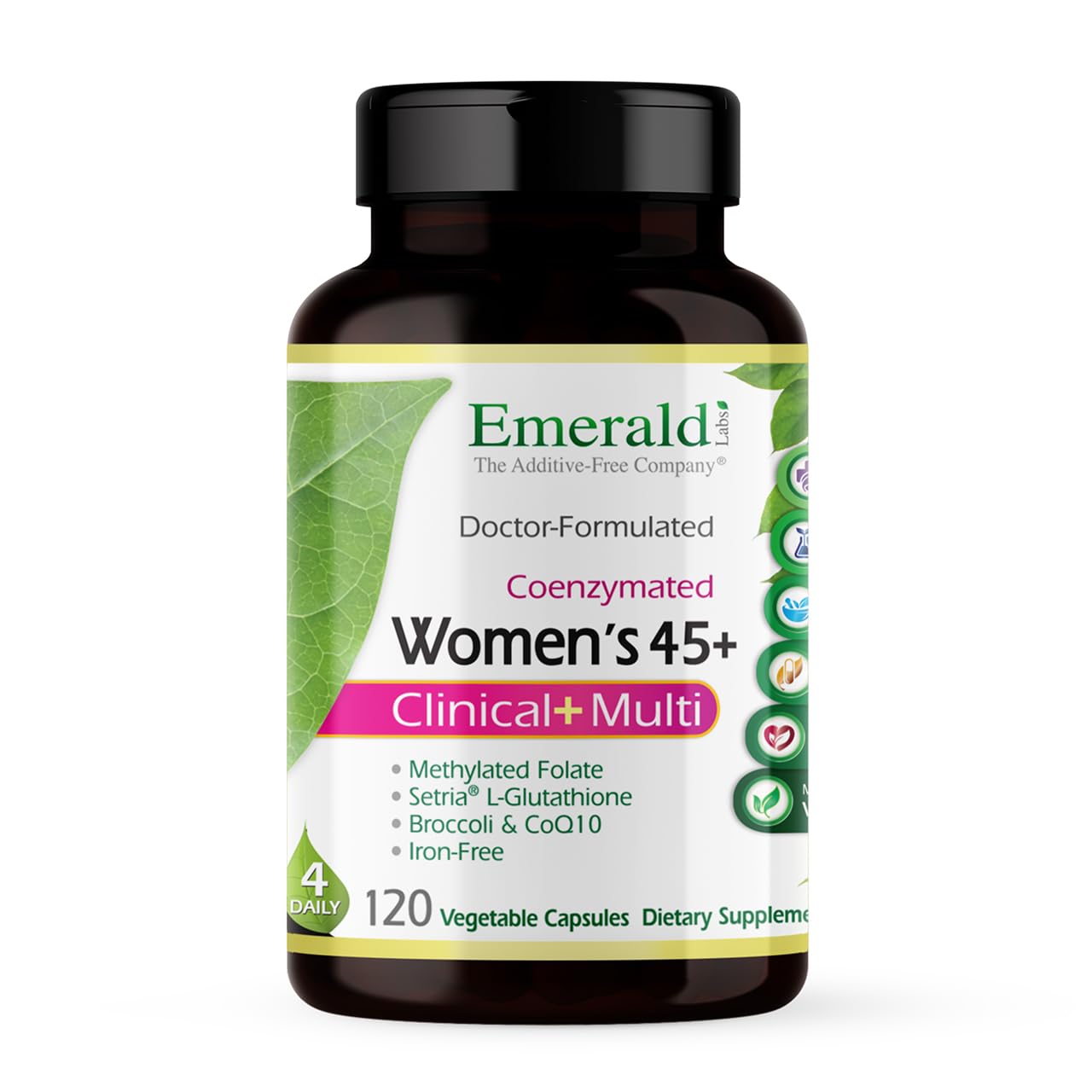 Emerald Labs Women's 45+ multivitamin bottle front view for bone and heart support