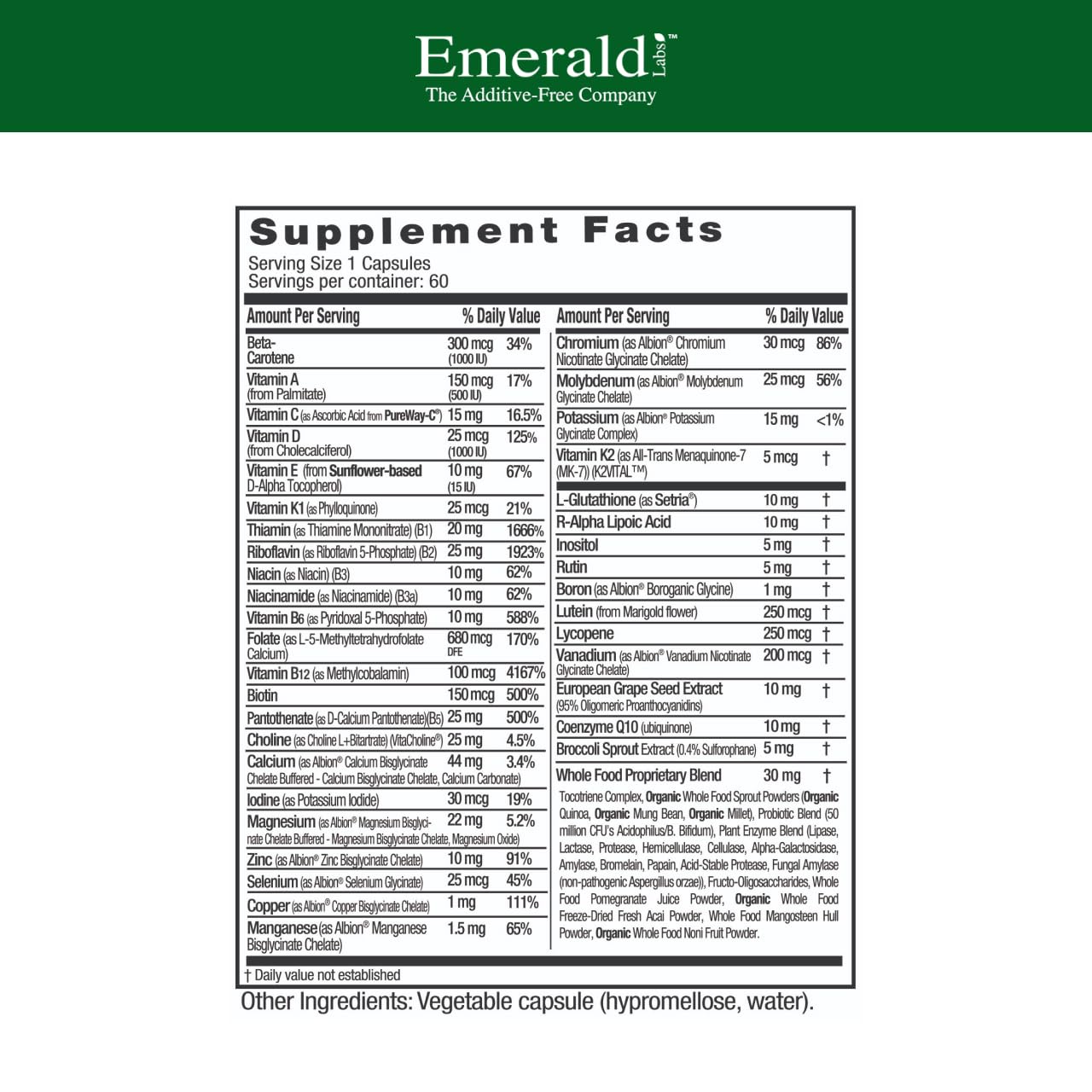 EMERALD LABS capsules close-up highlighting vegetarian formula for mature women's needs.