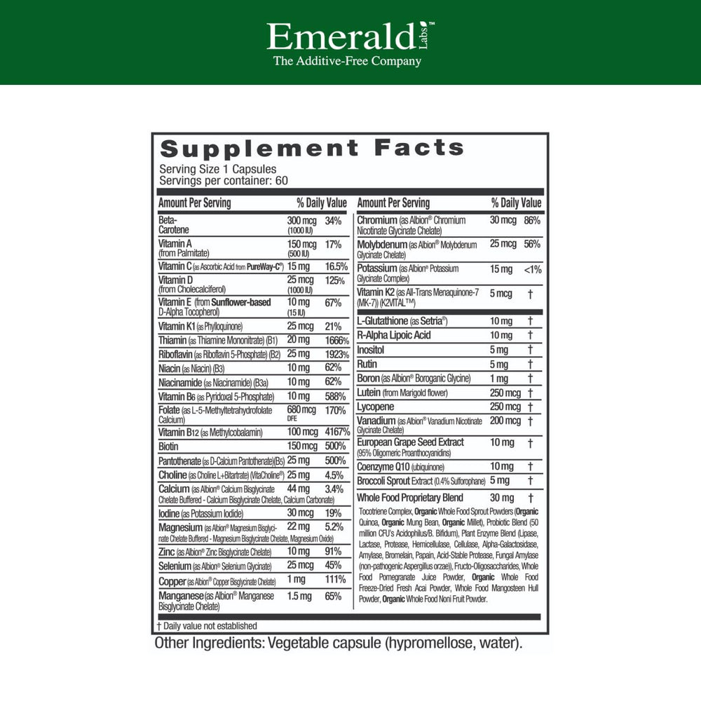 EMERALD LABS capsules close-up highlighting vegetarian formula for mature women's needs.