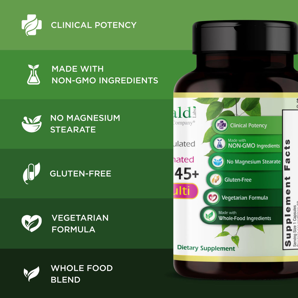 EMERALD LABS bottle on shelf emphasizes gluten-free and non-GMO assurance.