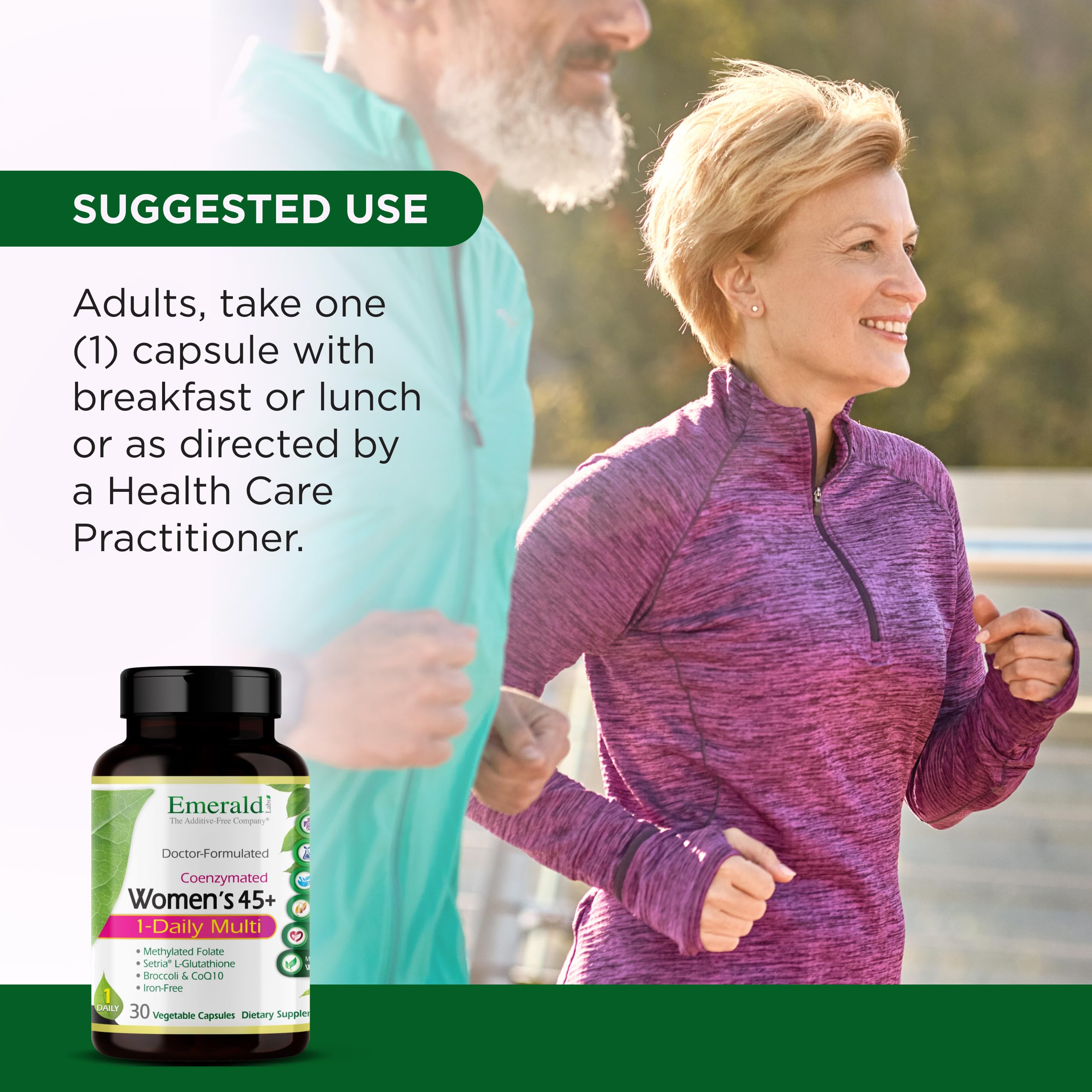 Emerald Labs Women's 45+ multi vegetarian capsules illustrate plant-based daily support.