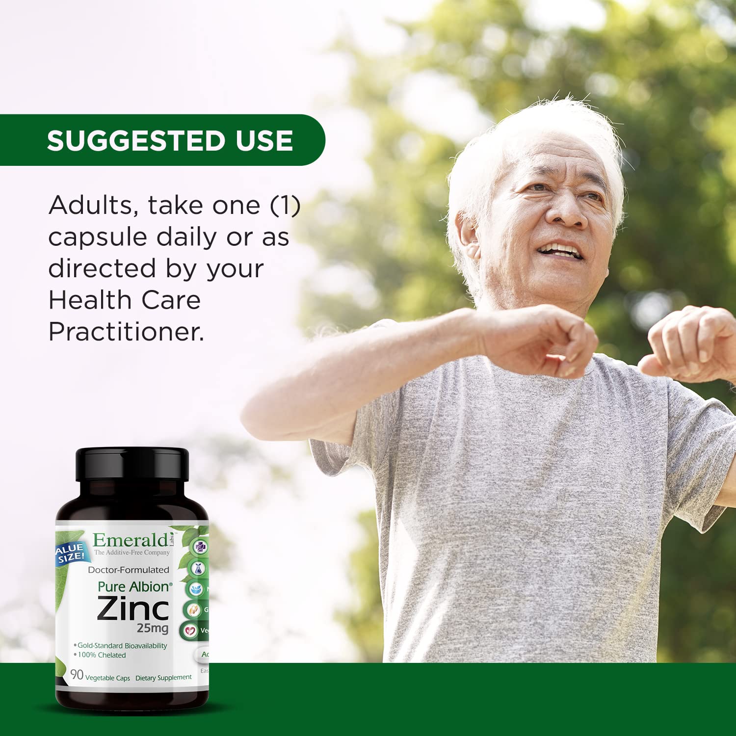 Dosis diaria de Emerald Labs Zinc 25mg para uso consciente.