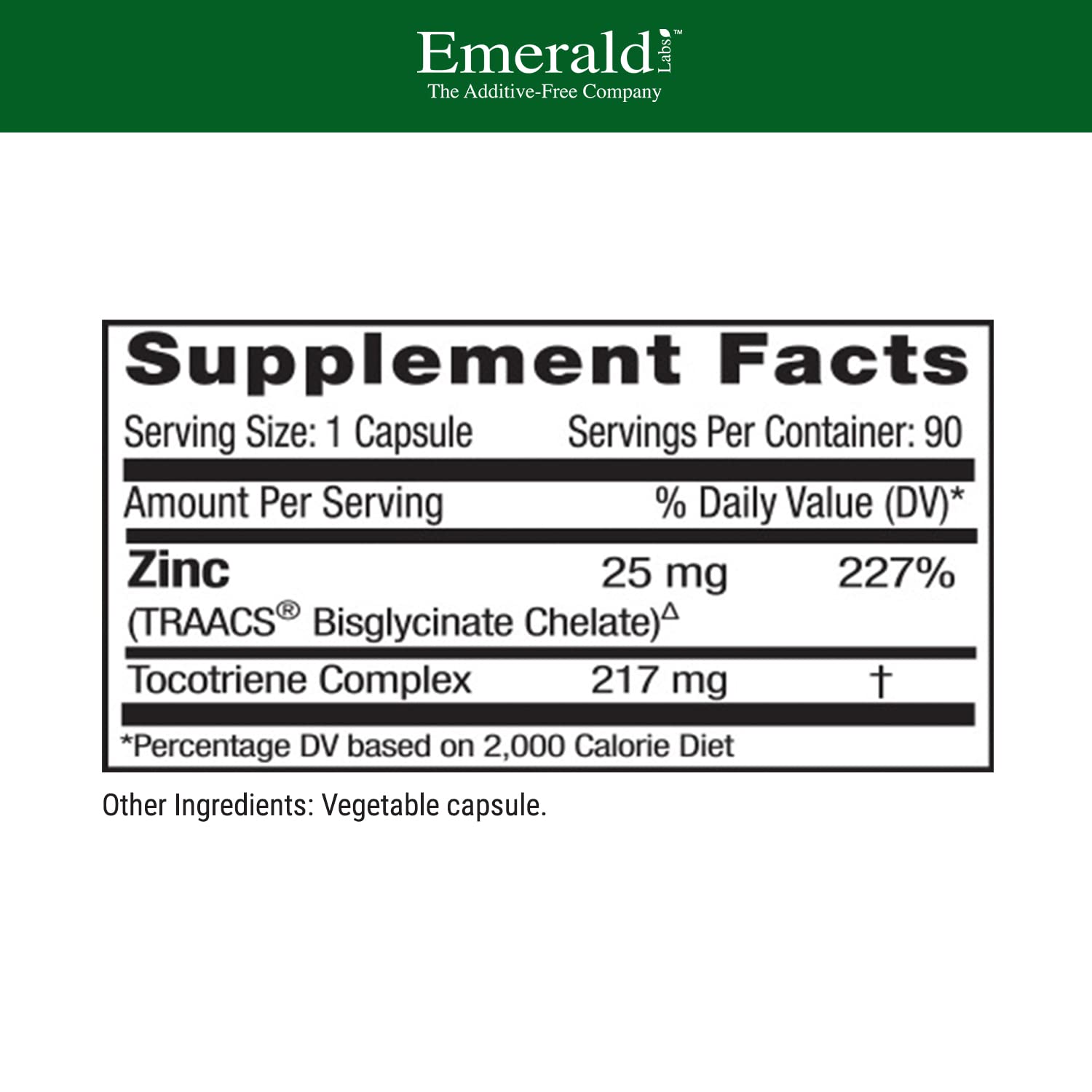 Etiqueta de Emerald Labs Zinc 25mg con beneficios para la digestión y el estrés oxidativo.