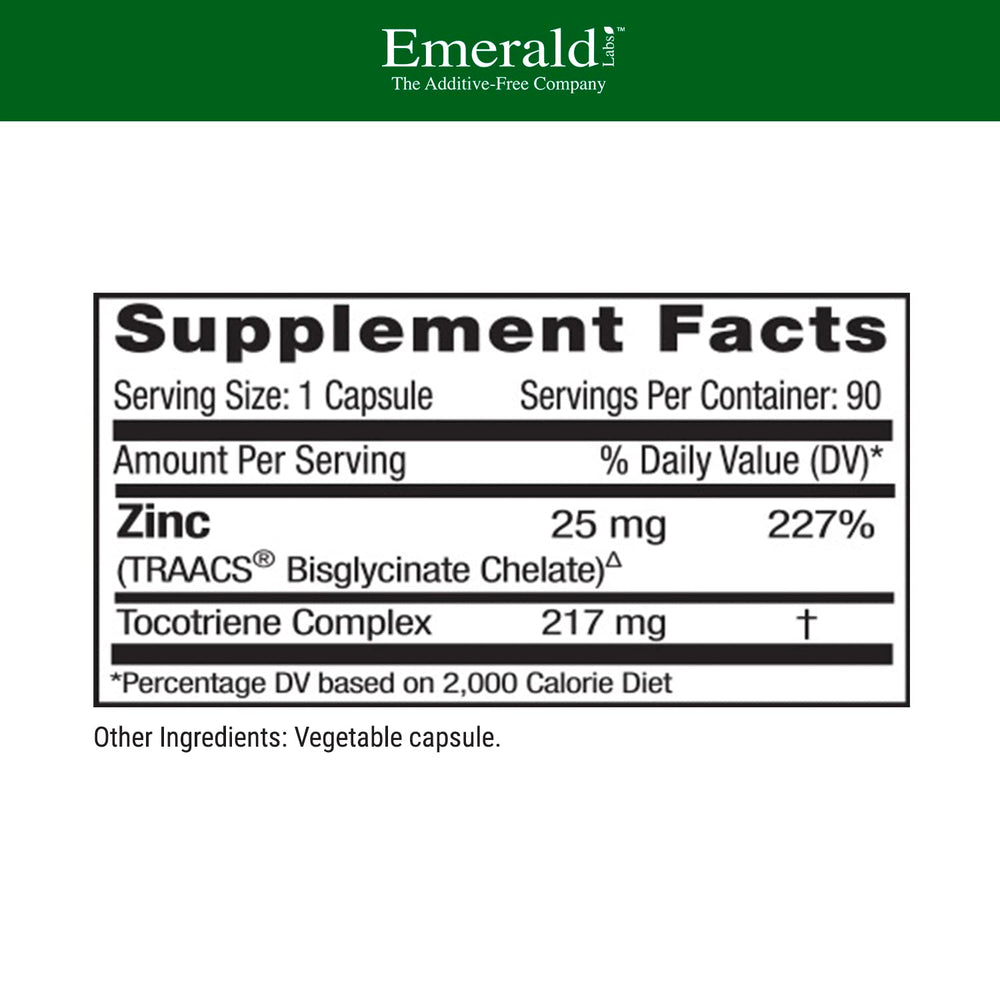 Etiqueta de Emerald Labs Zinc 25mg con beneficios para la digestión y el estrés oxidativo.