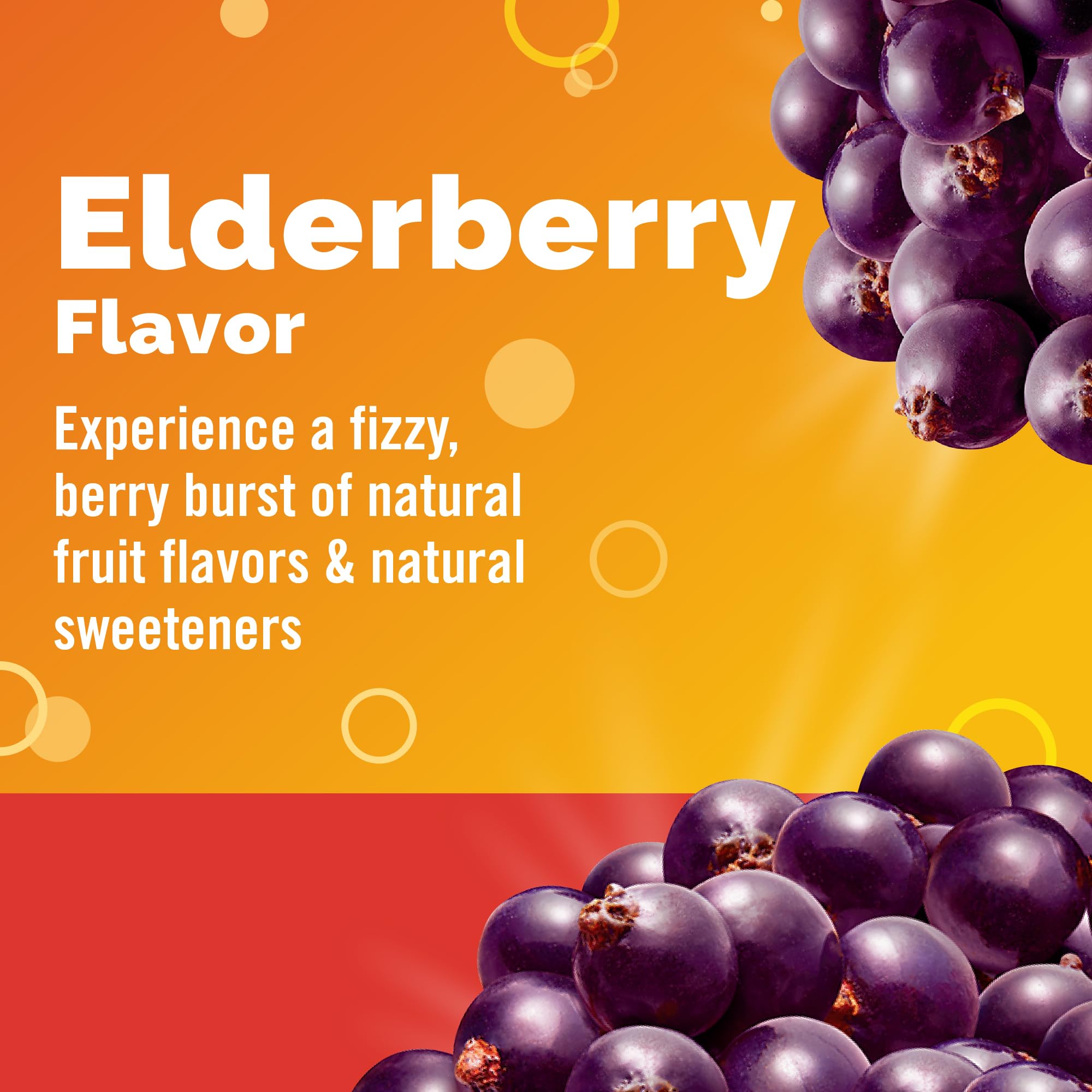 Emergen-C Elderberry bottle with label and packets on the counter