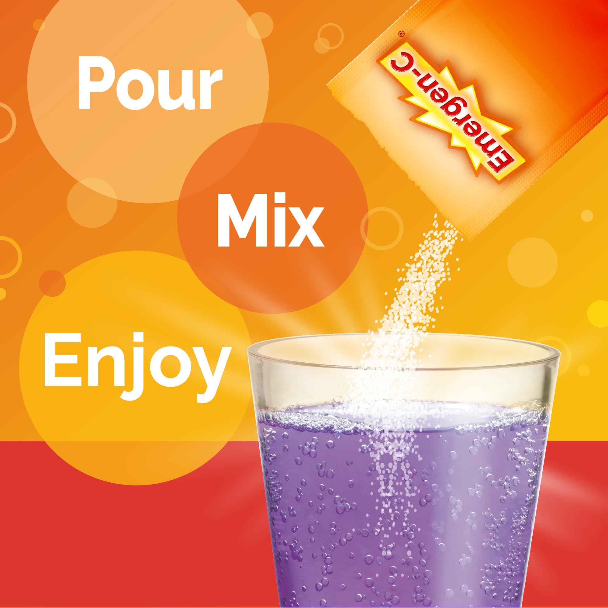Glass with fizz showing Emergen-C Elderberry drink for refreshing hydration