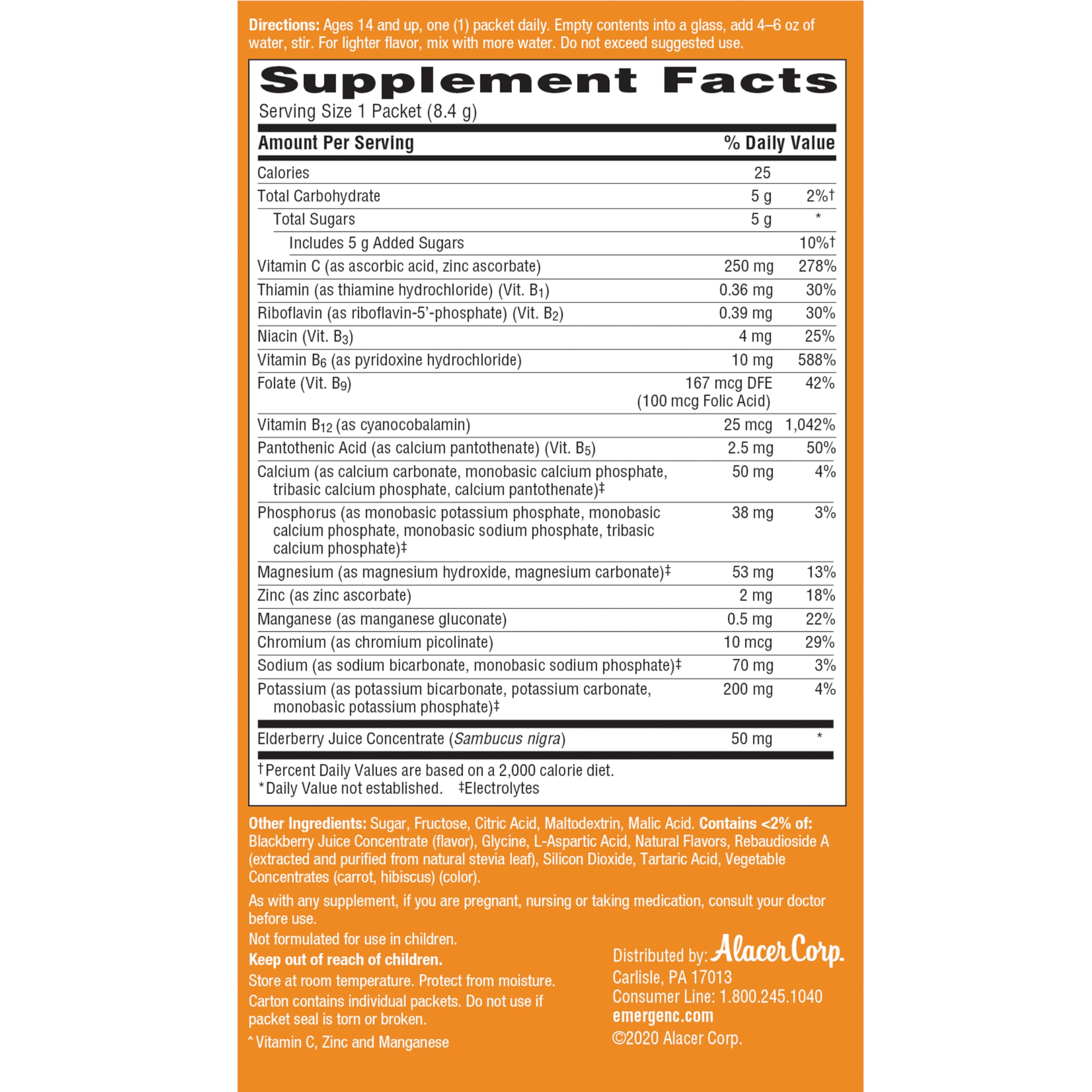Vegetarian, gluten-free, caffeine-free Emergen-C Elderberry packets