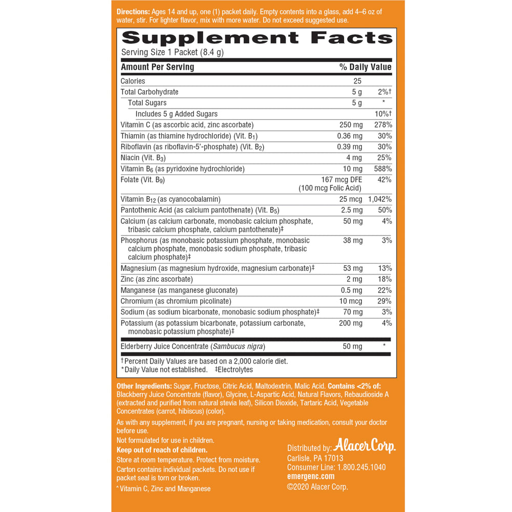 Vegetarian, gluten-free, caffeine-free Emergen-C Elderberry packets