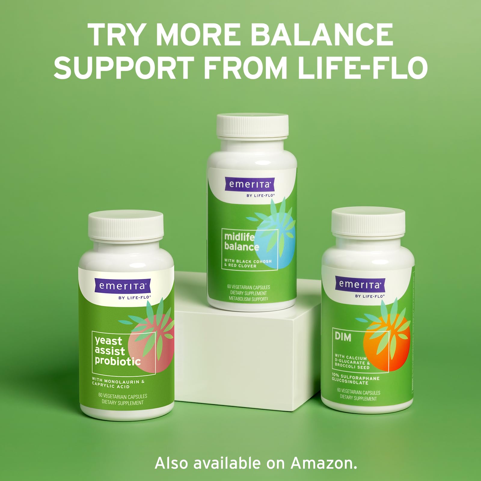 Bottle emphasizes Monolaurin and cleansing support in Emerita Yeast Assist packaging.