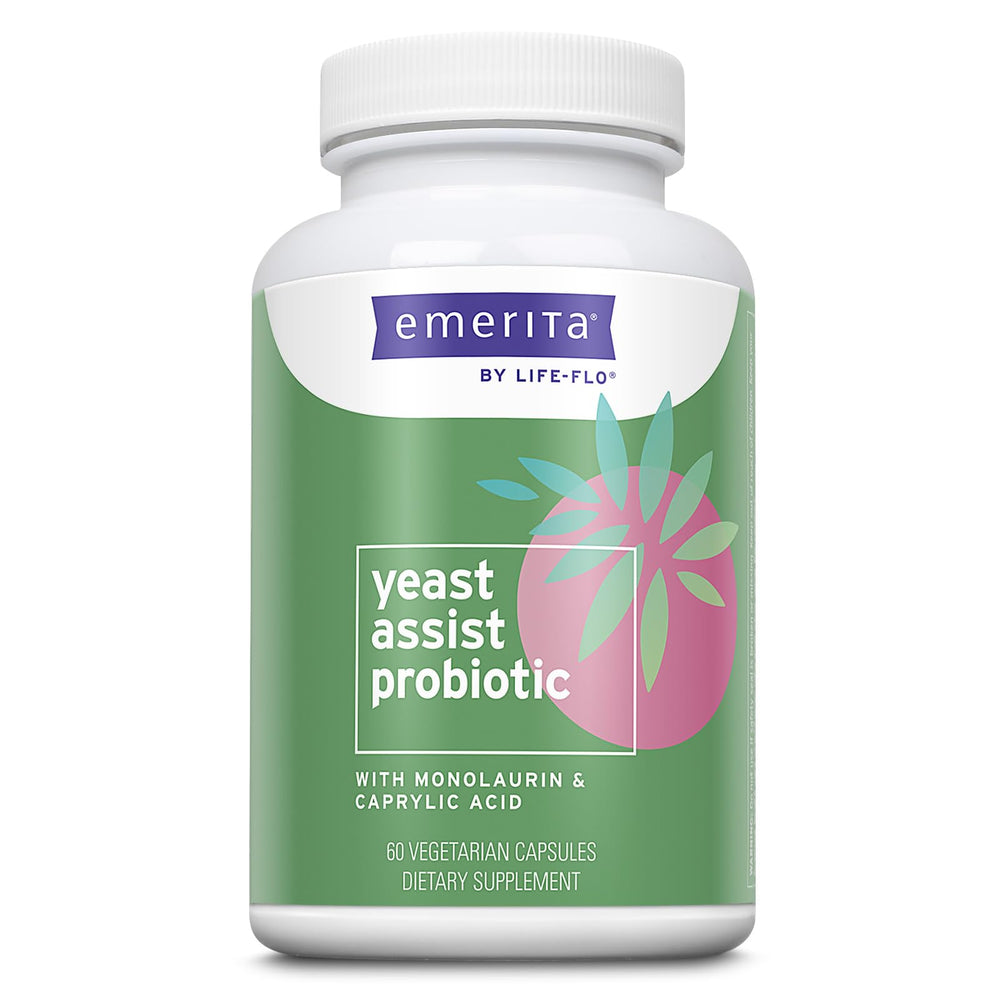 Emerita Yeast Assist probiotics bottle front view for daily gut and immune support.