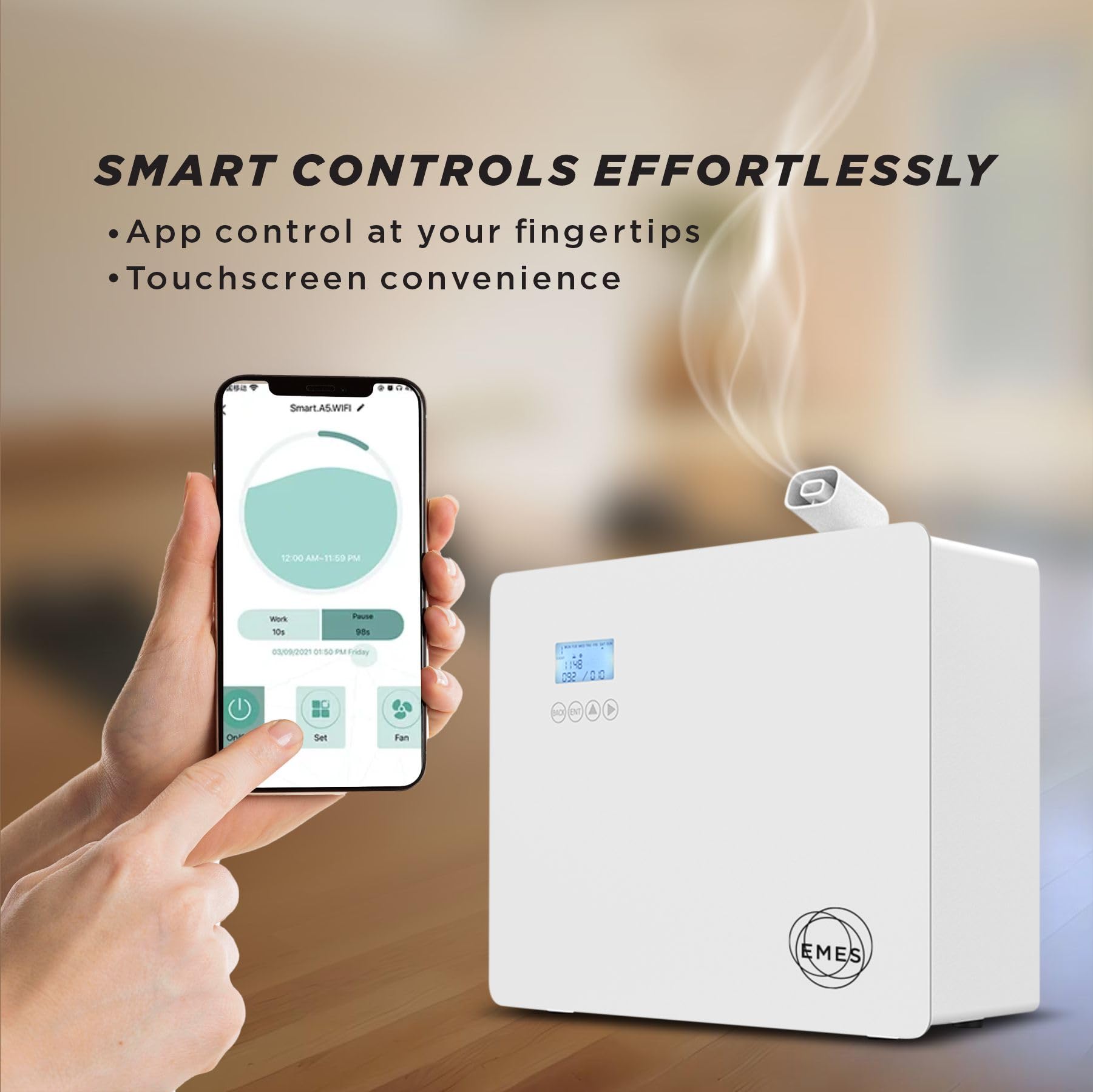 EMES Bluetooth smart-control app panel for scheduling and intensity customization