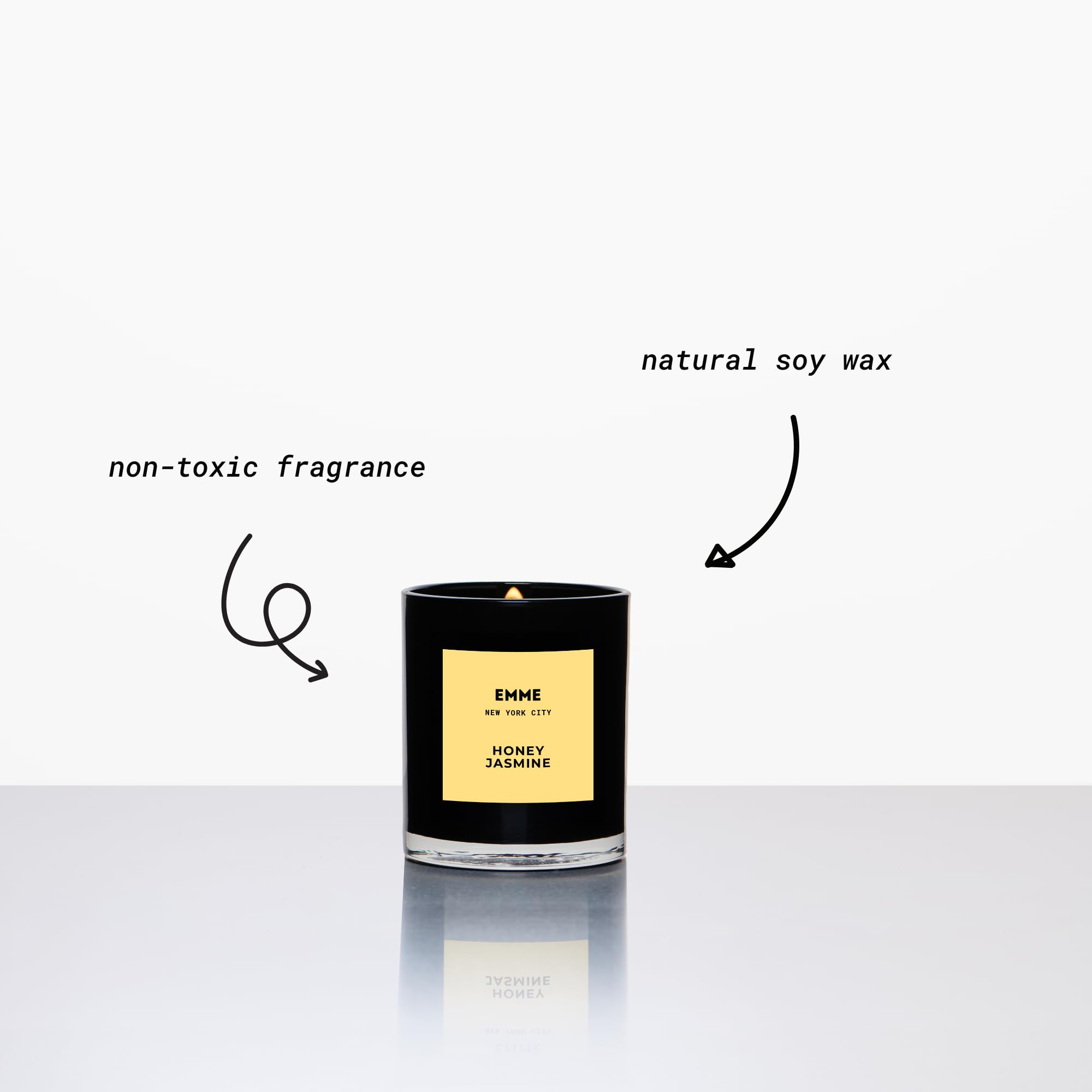 EMME NYC soy wax candle highlighting a non-toxic, clean burn.