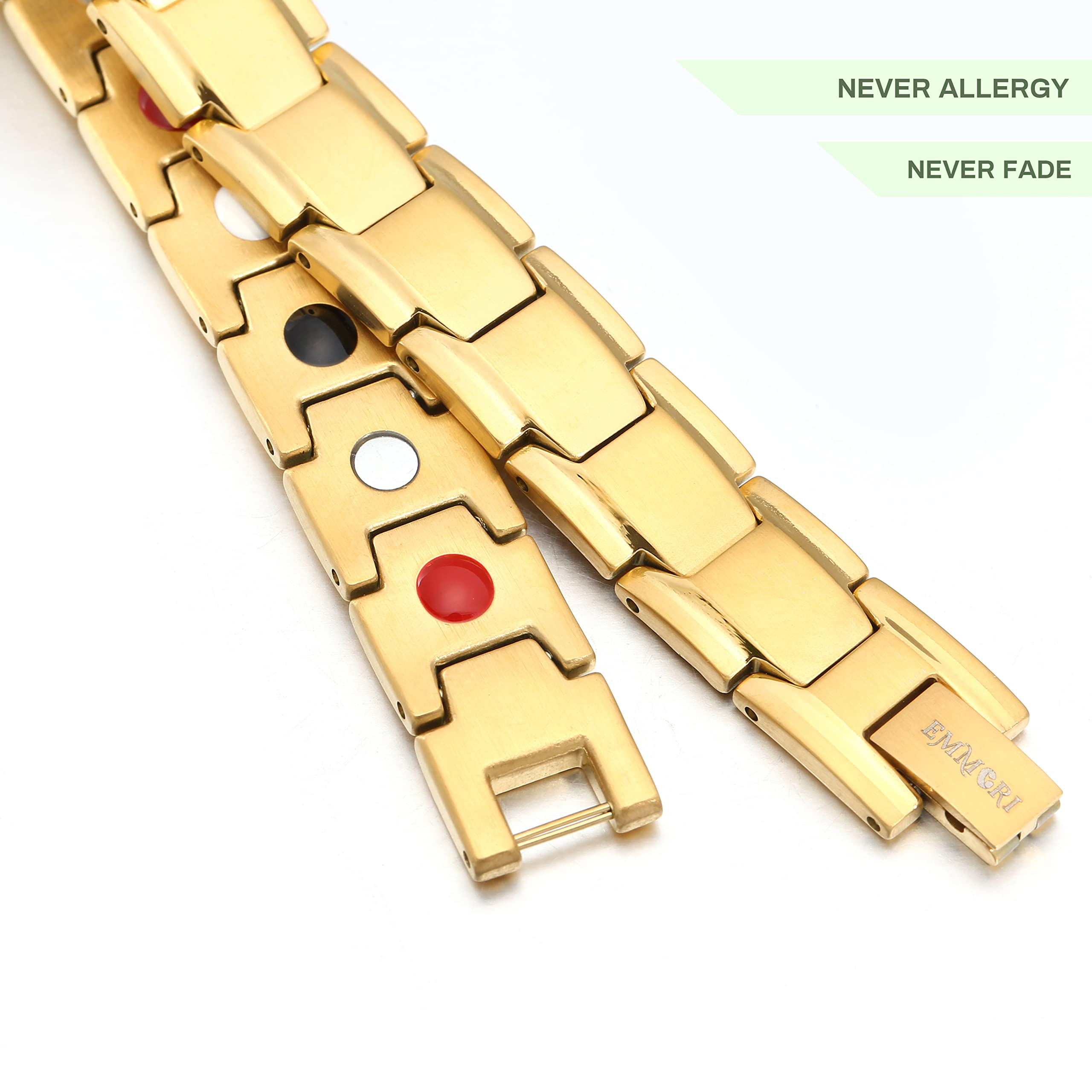 Emmori gold bracelet on wrist, adjustable fit for personal comfort.