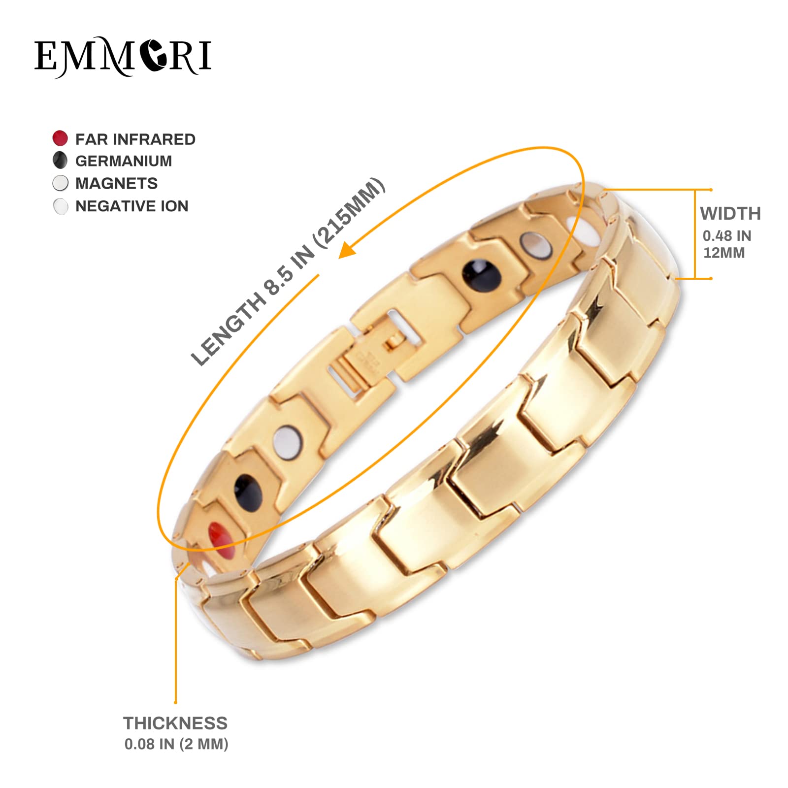 Emmori magnetic bracelet gold side view, adjustable length for comfortable all-day wear.