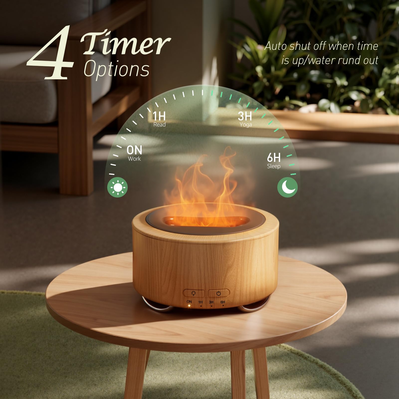 Emochies Canary Yellow diffuser with flame-like light adds warm bedroom ambience.