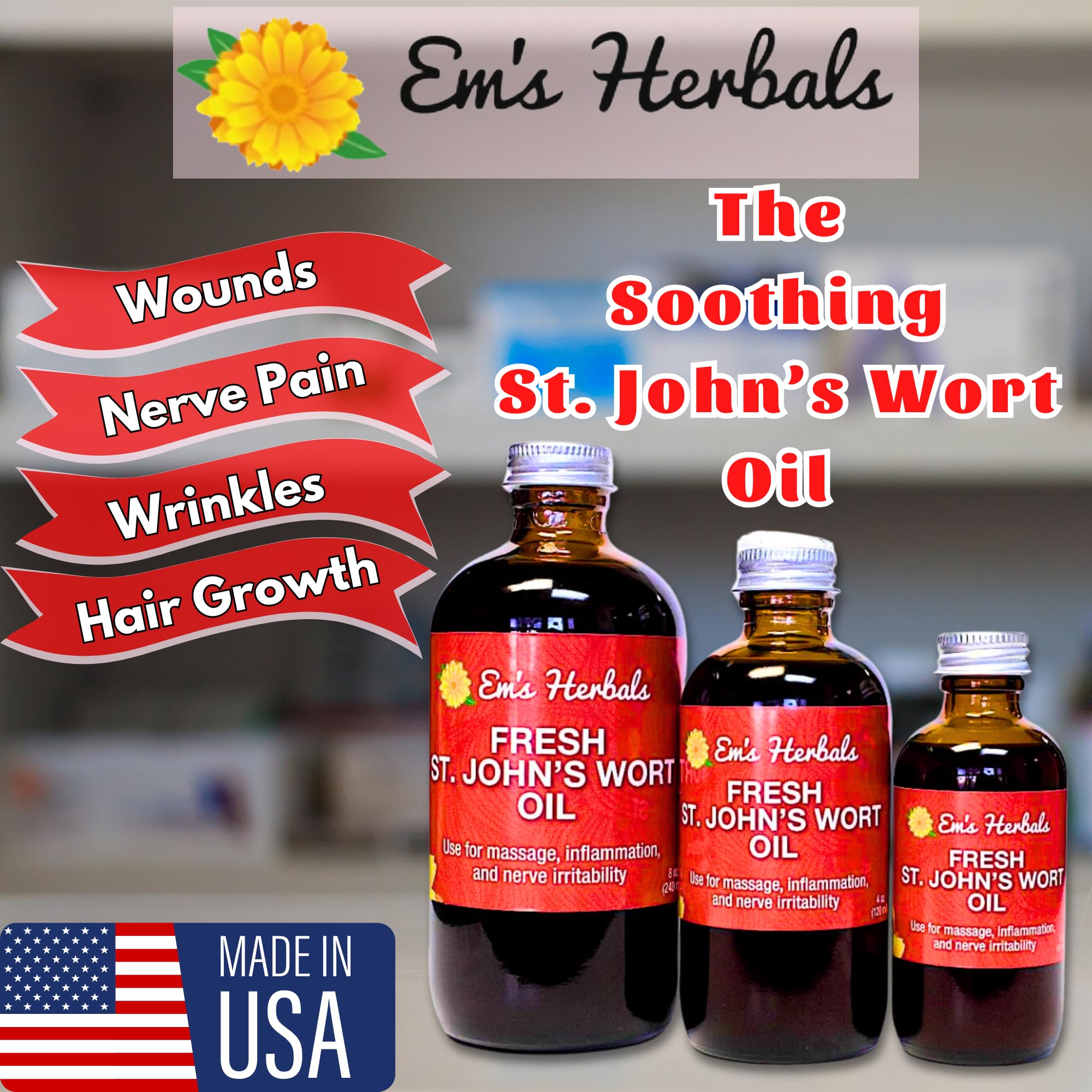 Em's Herbals St. John's Wort Oil on the face for eruptions and clear-looking skin.