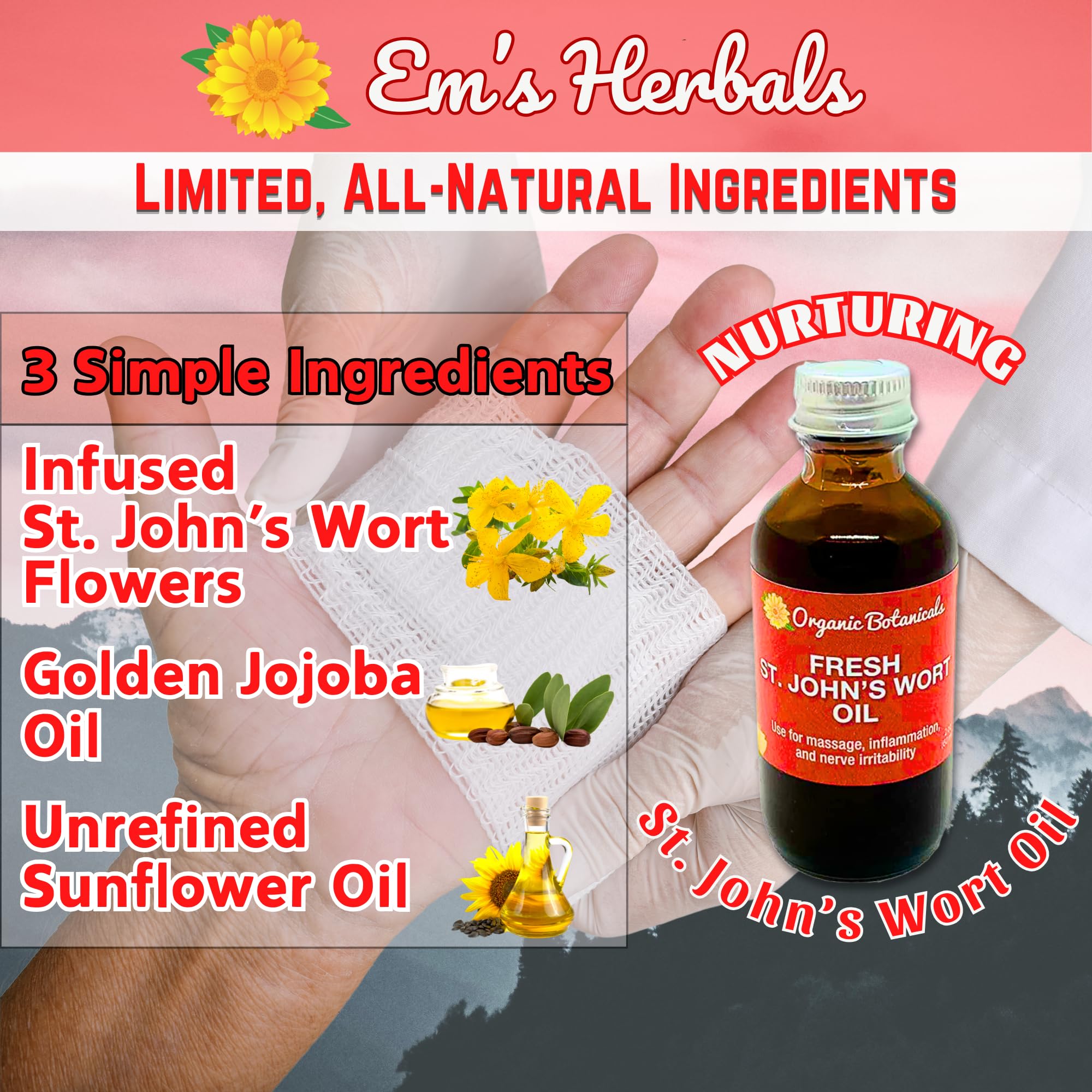 Em's Herbals St. John's Wort Oil nourishes scalp and hair for healthier shine.