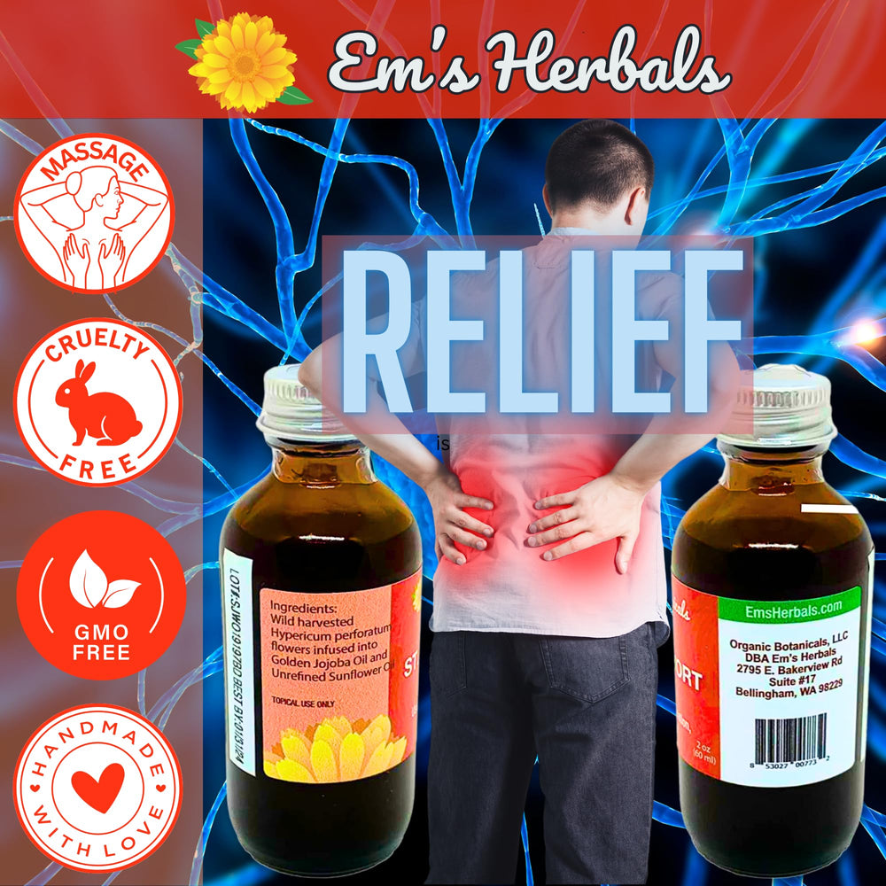 Em's Herbals St. John's Wort Oil used for nerves and minor discomfort in back or legs.