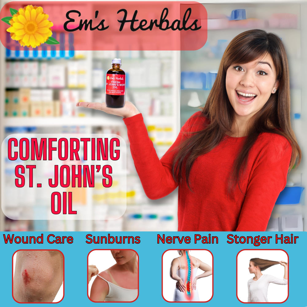Em's Herbals St. John's Wort Oil applied to scars and stretch marks to support regeneration.