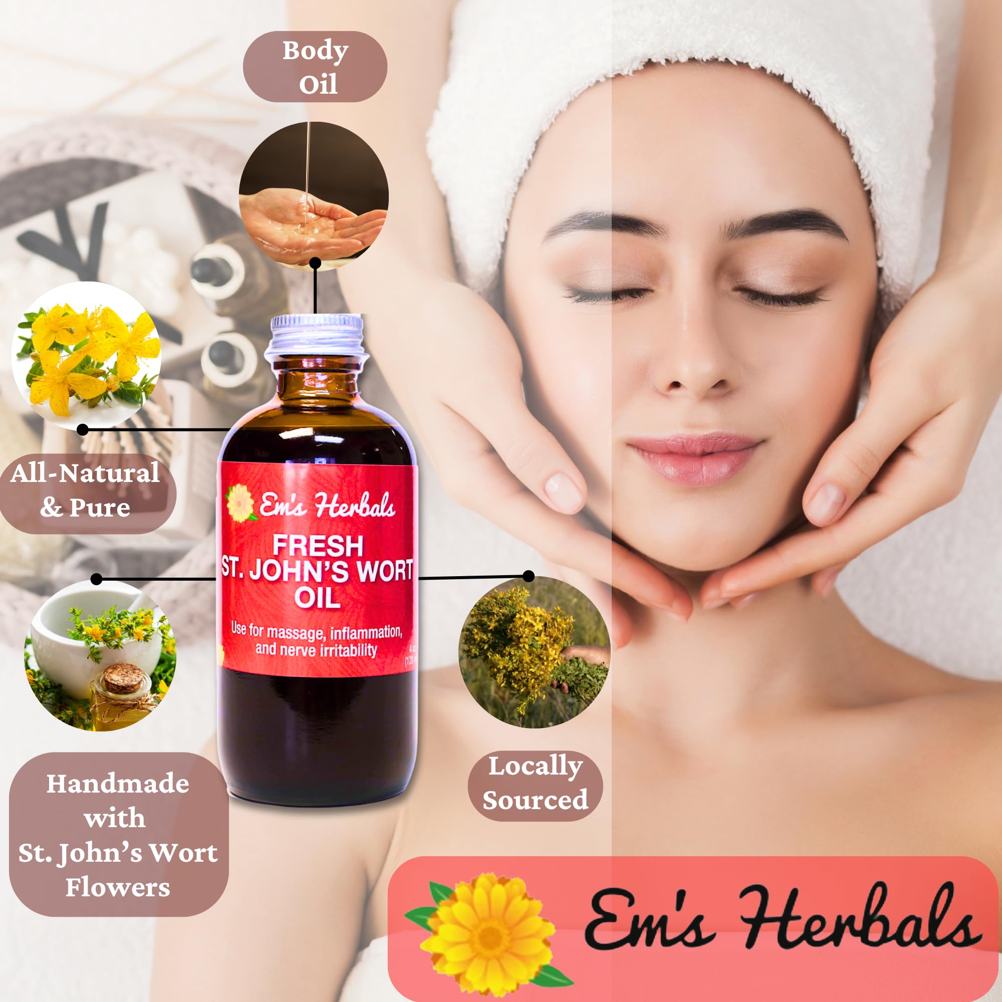 Em's Herbals St. John's Wort Oil sourced from Pacific Northwest mountains, wild harvested for purity.