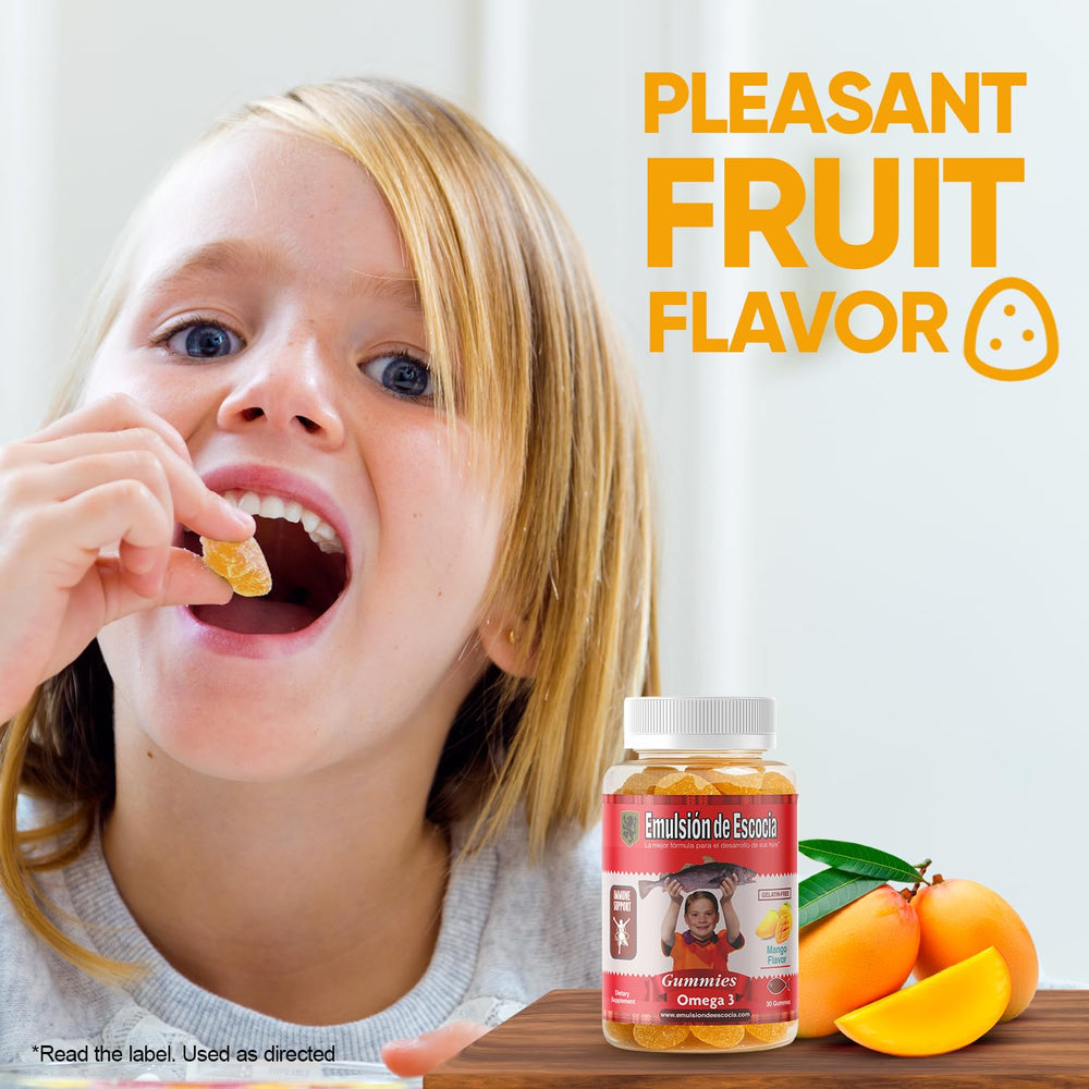 Emulsion de Escocia DHA-rich Omega-3 gummies close-up highlights kid-friendly nutrition.